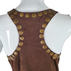Retro Metal Embellished T Back Tunic Top Brown Microfiber Lee and Joe Womens Med